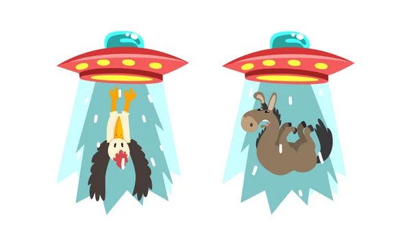 UFO entführt Tiere Set, Außerirdische Raumfahrzeuge stehlen Esel und Vogel Cartoon Vector Illustration — Stockvektor