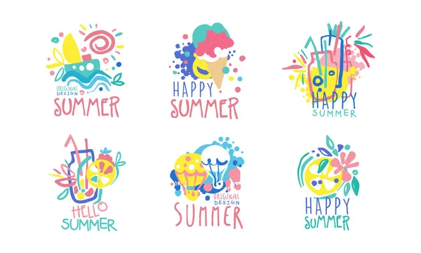 Bright Hello Summer Logo lub etykieta dla sezonowego zestawu wektorowego projektu wakacyjnego — Wektor stockowy