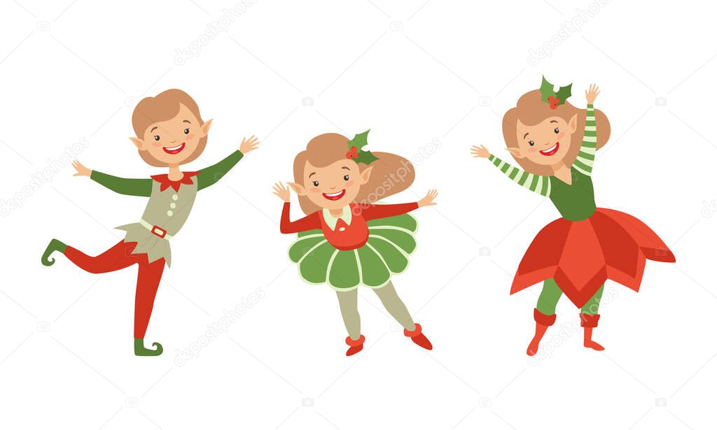 Happy Kids in Christmas Elf Costumes Set, Xmas Elves Santa Claus Helpers Cartoon Vector Illustration