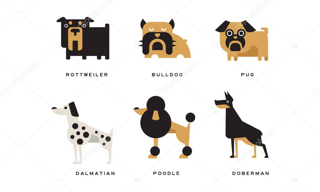 Dog Breeds Depicted in Flat Style with Rottweiler and Bulldog Vector Set