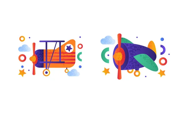 Conjunto de vehículos de aire lindo, juguetes retro aviones transporte plano vector ilustración — Vector de stock