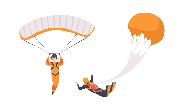 Parachutisten springen en vliegen met Parachutes, Extreme Sport, Skydiving Cartoon Vector Illustratie — Stockvector