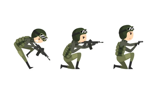 Zestaw Żołnierzy Armii, Ludzie w Kamuflażu Jednolite Celowanie z karabinów Ilustracja wektora kreskówek — Wektor stockowy