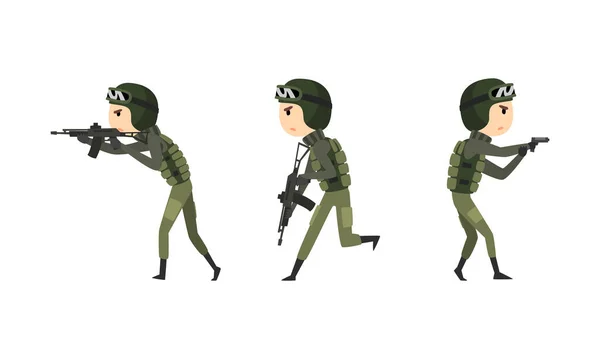 Conjunto de soldados del ejército, hombres en uniforme de combate de camuflaje apuntando y disparando con pistola ilustración vectorial de dibujos animados — Archivo Imágenes Vectoriales