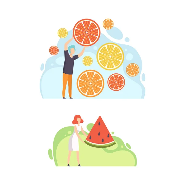 Winzige Leute mit Obstscheiben, gesunde Ernährung, Eco Natural Food Konzept Cartoon Vector Illustration — Stockvektor