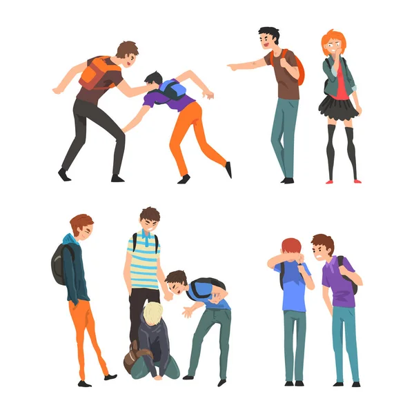Aggressive Teenagers Bullying Classmates Set, Teenage Aggression and Violence Cartoon Vector Illustration — 图库矢量图片