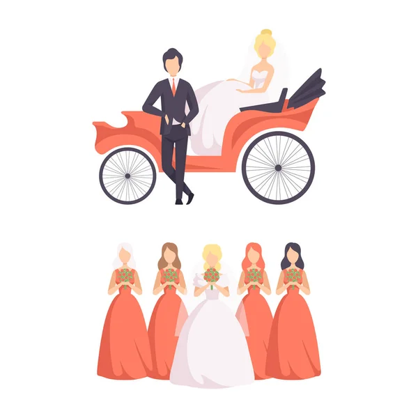 Wedding Ceremony Set, Newlyweds in Wedding Carriage and Bridesmaids Flat Vector Illustration — Stock Vector