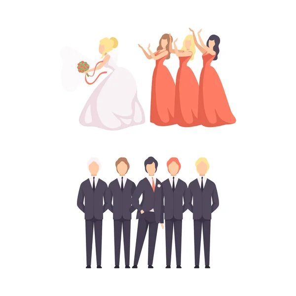 Trouwceremonie set, bruid en bruidegom vieren huwelijk met bruidsmeisjes platte vector illustratie — Stockvector