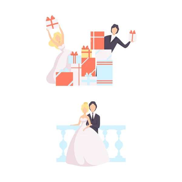 Just Married Couples Set, Bride and Groom Opening Gift Boxes after Wedding Ceremony and Celebrating Marriage Flat Vector Illustration — Stock Vector