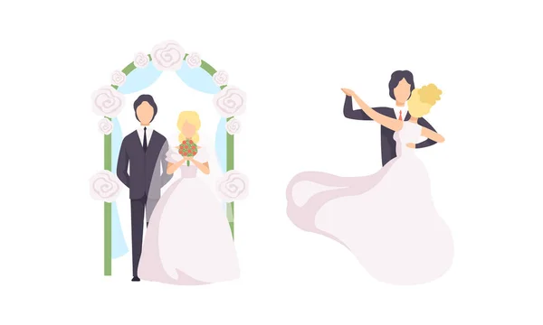 Conjunto de recién casados recién casados, pareja feliz celebrando matrimonio, novia y novio bailando ilustración vectorial plana — Archivo Imágenes Vectoriales