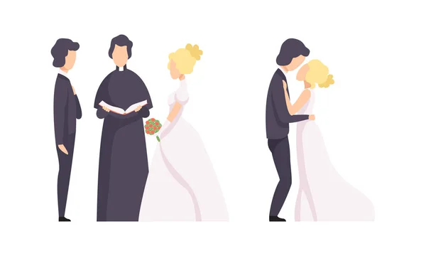 Novomanželé na svatební slavnostní set, šťastný pár slaví manželství, nevěsta a ženich líbání ploché vektorové ilustrace — Stockový vektor