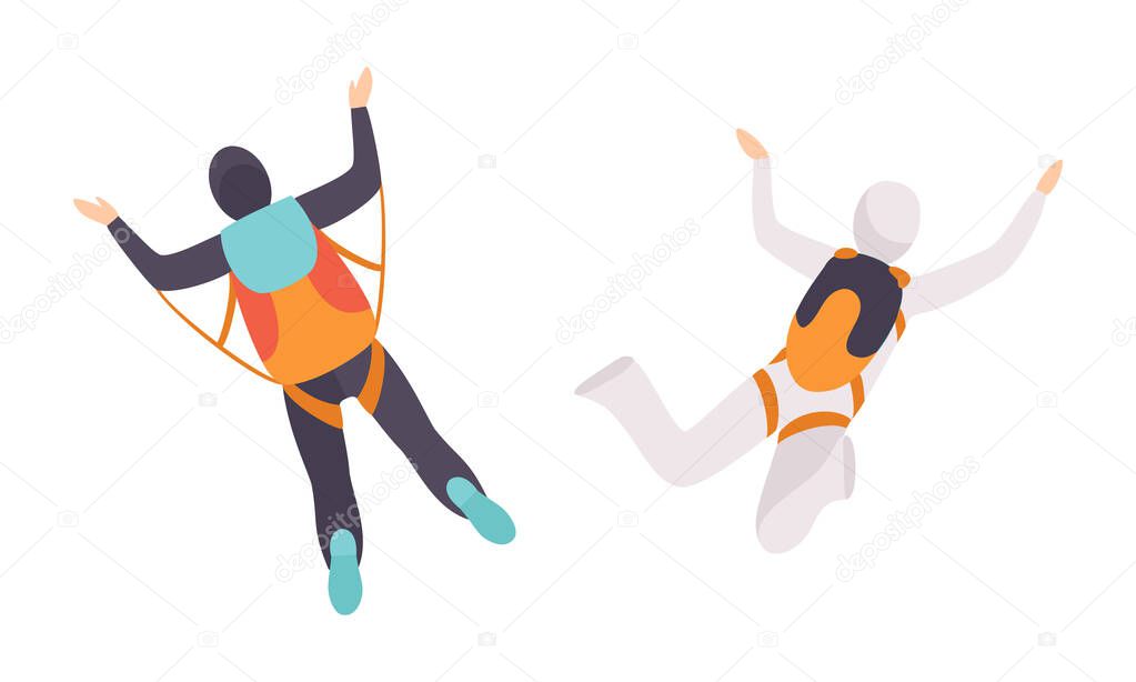 Skydivers Free Fall, Free Jumping, Extreme Sport Cartoon Vector Illustration