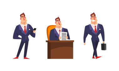 Başarılı İş Adamı Karakteri Seti, Ofis Çizgi Filmi Vektör İllüzyonu 'nda çalışan Kaslı Zengin Adam