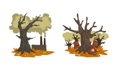 Çevresel Kirlilik Seti, Endüstriyel Radyoaktif Atık Çizim Vektör Çizimi ile Kirlenmiş Hava ve Doğa