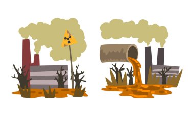 Doğa Kirliliği Seti, Çevresel Felaket Kavramı Çizgi film Vektör İllüstrasyonu