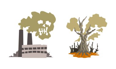 Hava Kirliliği Seti, Endüstriyel Atık Kirliliği Çizgi Film Vektör İllüstrasyonu