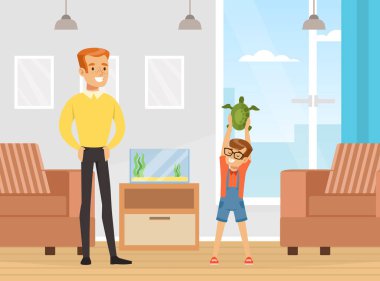 Kızıl Saçlı Baba ve Oğlu Sahibi Kaplumbağa Vektör İllüstrasyonu