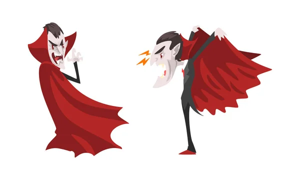 Angry Vampire Set, Scary Count Dracula Character Wearing Black and Red Cape, Happy Halloween Concept Cartoon Vector Illustration — Stock Vector