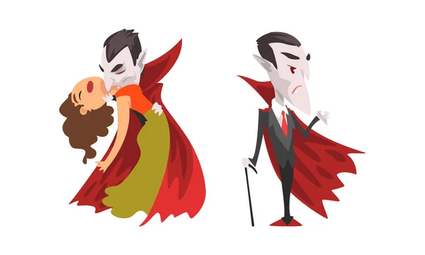 吸血鬼セット、黒と赤のケープを身に着けているドラキュラキャラクター数、ハッピーハロウィンコンセプト漫画ベクトルイラスト — ストックベクタ