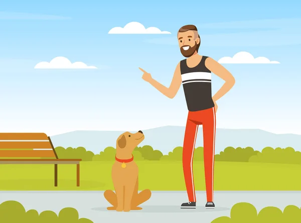 Skägd Man Sällskapsdjur Ägare Ge kommandot till sin hund vektor Illustration — Stock vektor