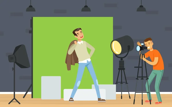 Man Photographer Shooting with Professional Camera and Light Vector Illustration — 图库矢量图片