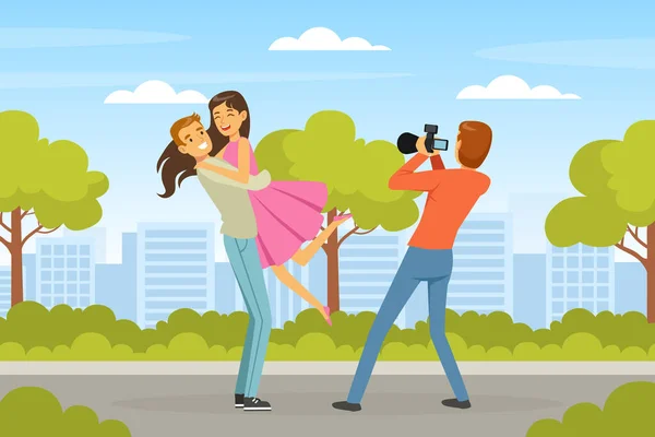 Man Photographer Shooting Romantic Couple with Professional Camera in the Park Vector Illustration — стоковий вектор