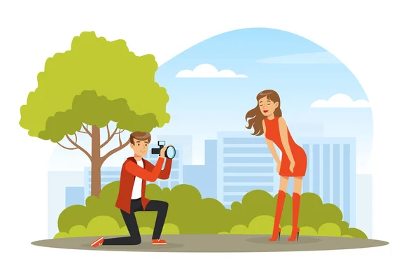 Vrouw poseren voor de Fotograaf met professionele Camera Vector Illustratie — Stockvector