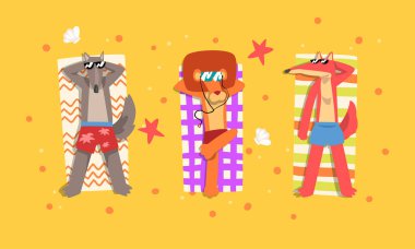 Hayvanların Sahilde Güneşlenmesi, Kurt, Aslan, Tilki Sahilde Gevşeyen Yaz Tatili Vektör İlülasyonu