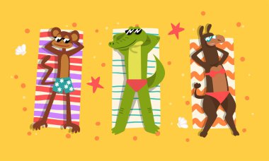 Hayvanların Sahilde Güneşlenmesi, Maymun, Timsah, Guanaco 'nun Yaz Tatili Resimlerinde Deniz Kıyısında Rahatlaması