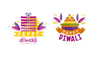 Mutlu Diwali Logo Tasarım Seti, Hindu Festivali Parlak Renkli Etiketler Vektör Resimleri
