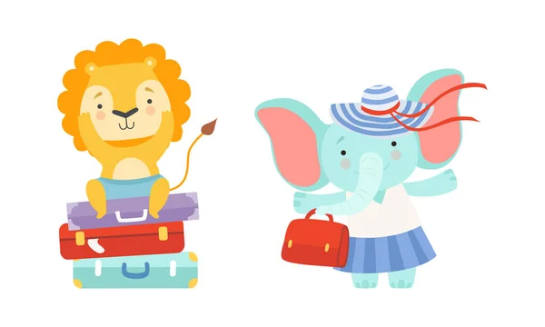 可爱的旅行动物宝宝集，逗乐狮子和大象的角色去旅行与袋装漫画病媒图解 — 图库矢量图片