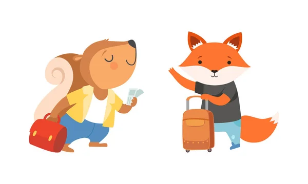 可爱的旅行动物宝宝集，逗乐狐狸和松鼠的角色去旅行卡通病媒图解 — 图库矢量图片