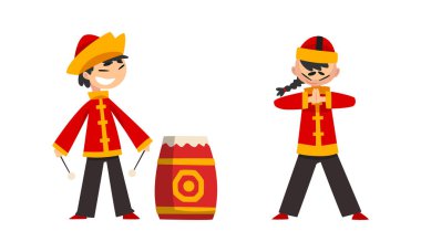 Çin Yeni Yıl Dekorasyon Elemanları Seti, Geleneksel Çin Kostümlü Çocuklar Davul Çalıyor Çizgi Film Vektör İllüstrasyonu