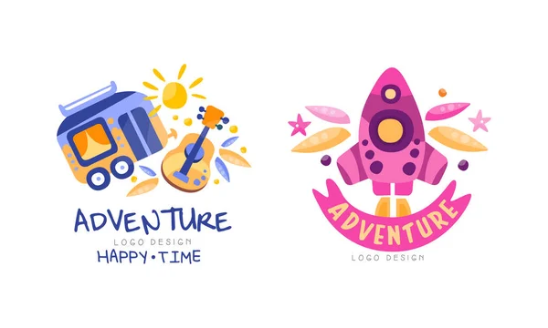 Przygoda Happy Time Logo Design Set Ręcznie rysowane etykiety Odznaki Wektor Ilustracja — Wektor stockowy