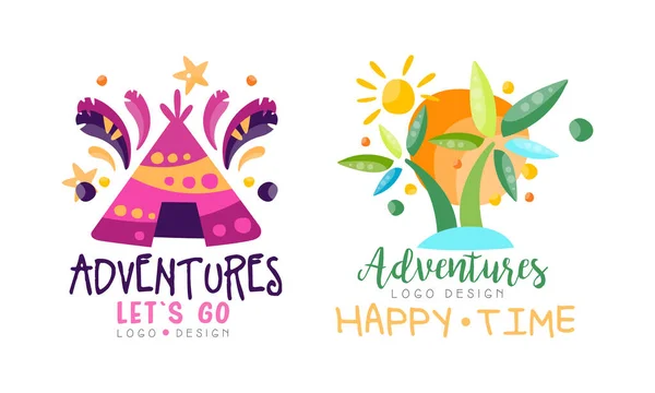 Aventuras Happy Time Logo Design Set, Let Go Etiquetas dibujadas a mano Insignias Ilustración vectorial — Archivo Imágenes Vectoriales