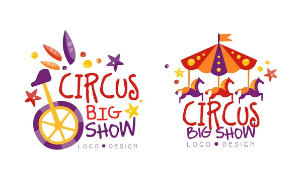 Big Circus Mostrar Logotipo Diseño Set Etiquetas dibujadas a mano Insignias Vector Ilustración — Vector de stock