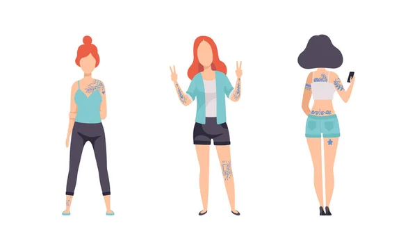 Tattooed or Inked Woman in Standing Pose Vector Set — Stock Vector