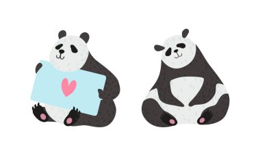 Panda Bear with Black-and-white Coat and Rotund Body Sitting and Holding Card Vector Set clipart