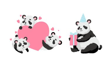 Funny Panda Bear with Black-and-white Coat and Rotund Body Holding Gift Box and Embracing Heart Vector Set clipart