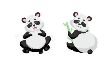 Funny Panda Bear with Black-and-white Coat and Rotund Body Sitting with Bamboo Vector Set clipart