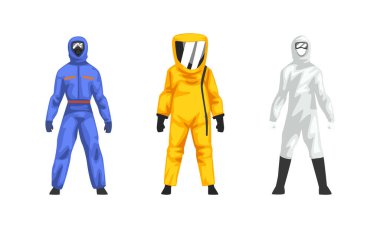 Man in Hazmat Suit as Personal Protective Equipment with Impermeable Garment Vector Set clipart