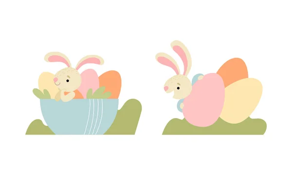 Cute Easter Bunny with Long Ears Sitting in Bowl with Eggs Vector Set — Stock Vector