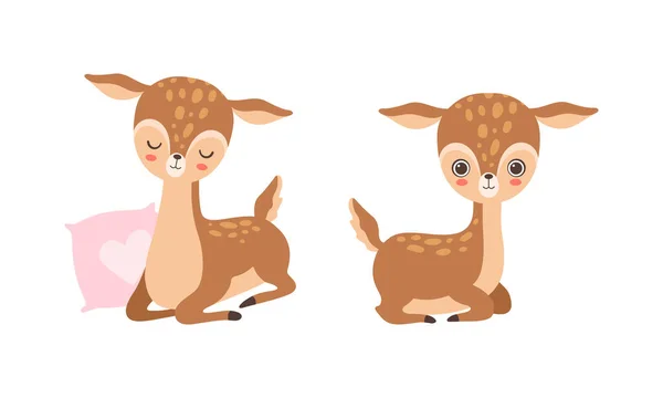 かわいいです赤ちゃん鹿とスポットとして好フードの哺乳動物が森ベクトルセットに住んでいます — ストックベクタ