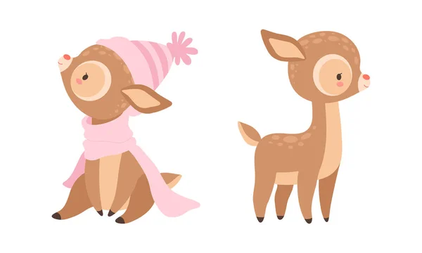 Lindo ciervo bebé con manchas como adorable mamífero encapuchado de pie y usando sombrero de punto y conjunto de vectores de bufanda — Archivo Imágenes Vectoriales