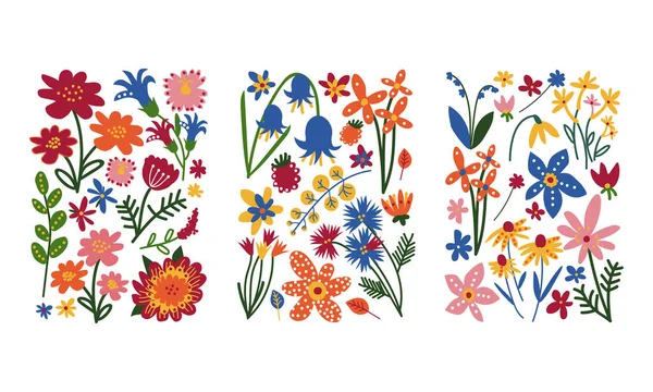 Doodle floral forma retangular com conjunto de vetor de flores coloridas — Vetor de Stock