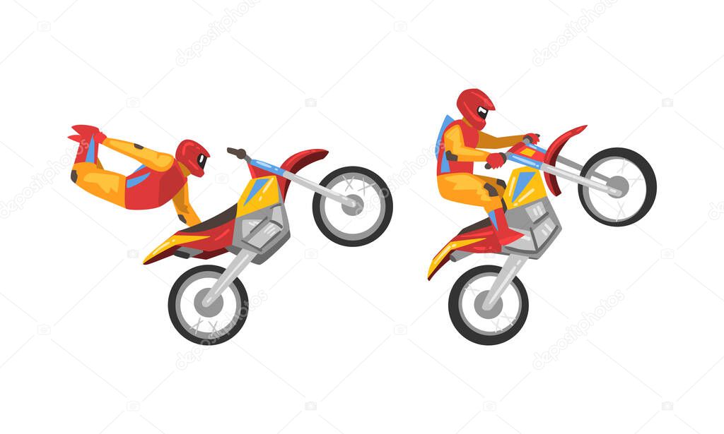 Freestyle Motocross with Motorcycle Rider Performing Jumps and Stunt Vector Set