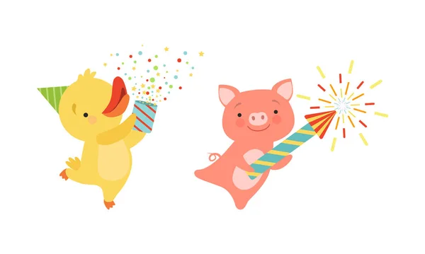 Mignon animal avec feux d'artifice profiter de vacances ensemble vectoriel de célébration — Image vectorielle