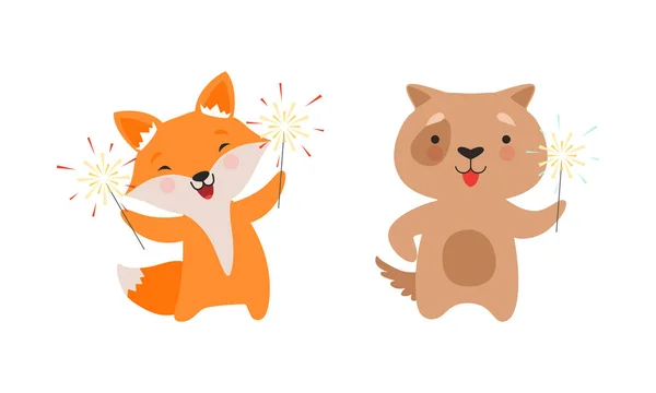 Mignon animal avec feux d'artifice profiter de vacances ensemble vectoriel de célébration — Image vectorielle