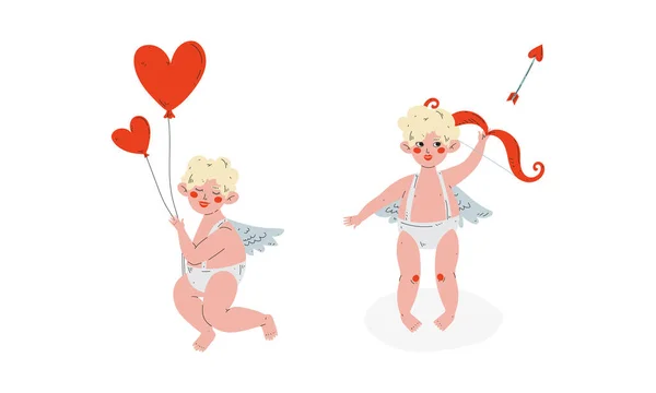 Mignon blond Cupidon garçon tenant ballons et flèche de tir avec arc vectoriel ensemble — Image vectorielle