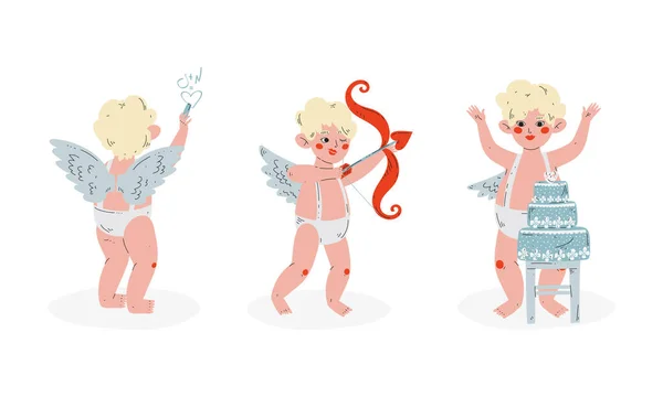 Mignon blond Cupidon garçon objectif flèche avec arc et écriture sur le mur vectoriel ensemble — Image vectorielle